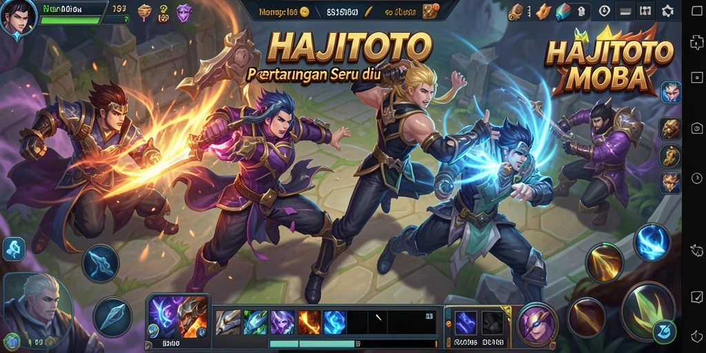 Tangkapan layar utama HAJITOTO yang menampilkan pertarungan epik antar karakter.