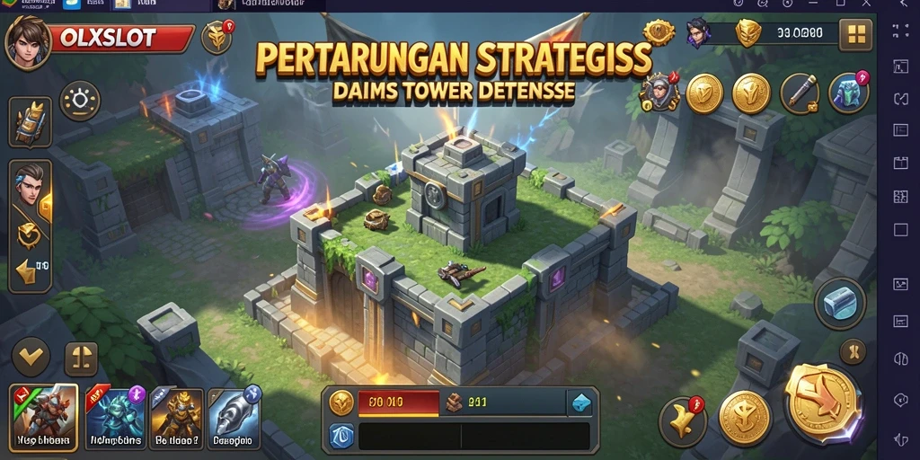 Tampilan gameplay <strong>OLXSLOT</strong> dengan menara pertahanan yang strategis.